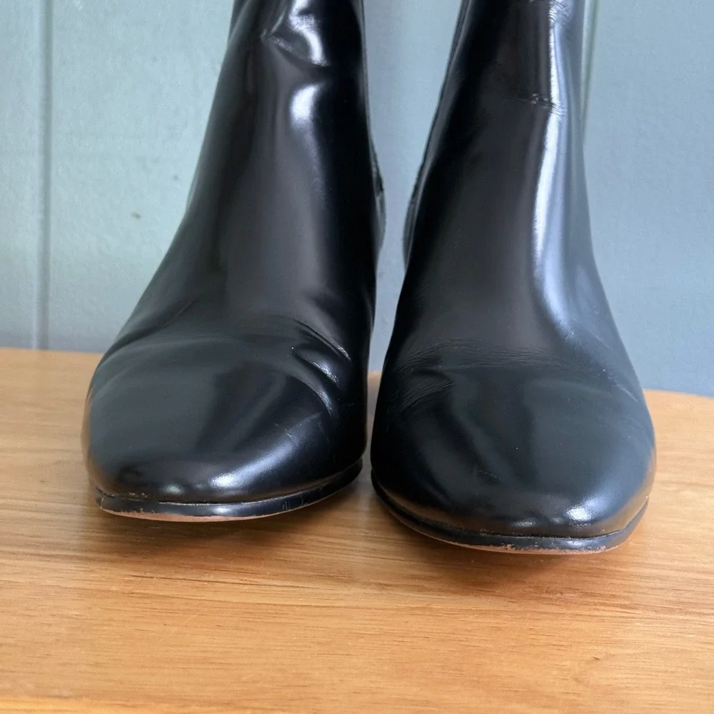 J Crew Piper Ankle Boot 9.5 Shiny Black Leather Western Chelsea Almond Toe BT886